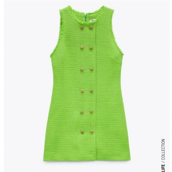ZARA Tweed Green Dress Gold Medium - Picture 7 of 11